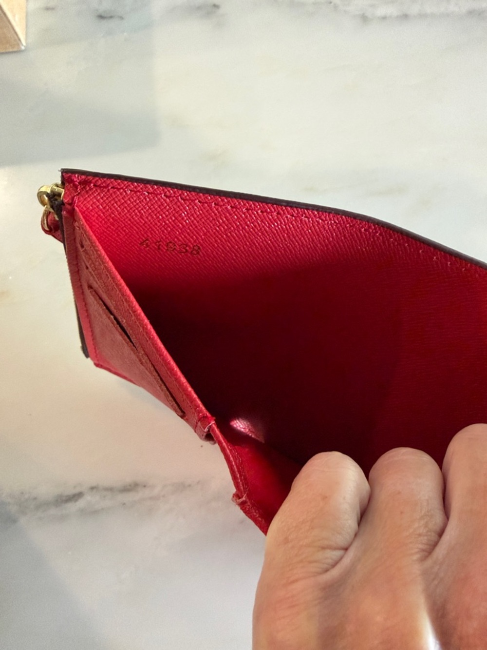 Monogram Compact Wallet in Brown with Red Snap- replication - Picture 3 of 4